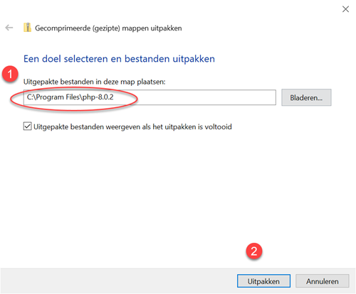 php-8.0.2-nts-Win32-vs16-x64.zip uitpakken